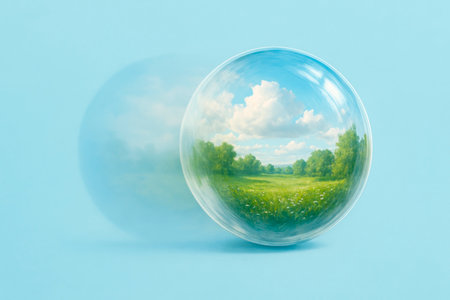A ball with a reflection of the landscape on a blue background. Space for textの素材