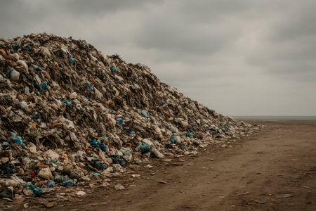 A mountain of garbage under a glowy gray sky. Space for textの素材