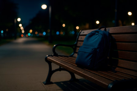 A blue backpack is left on a bench in the night park. Space for textの素材