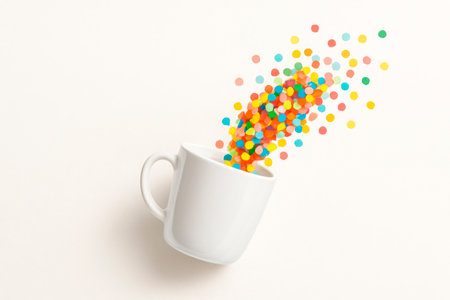 A white cup from which multi-colored confetti flies out. Space for textの素材