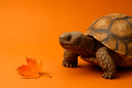 A turtle looks at a fallen autumn leaf. Space for textの素材