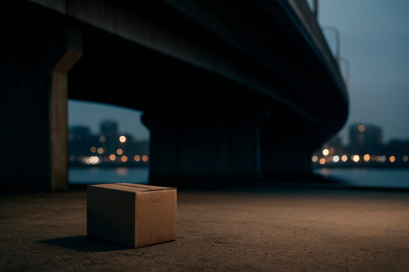 Box under the bridge on the empty bank at night. Space for textの素材