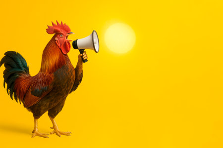 A rooster crows into a megaphone against the background of the sun. Space for textの素材