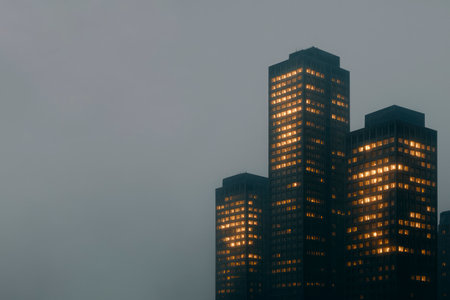 Night skyscrapers in the fog with burning windows. Space for textの素材