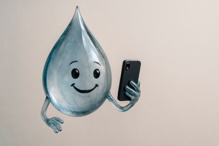 Smiling water drop taking a selfie on smartphone. Space for textの素材