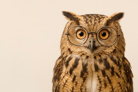 An owl with glasses looks directly at the camera on a light background. Space for textの素材