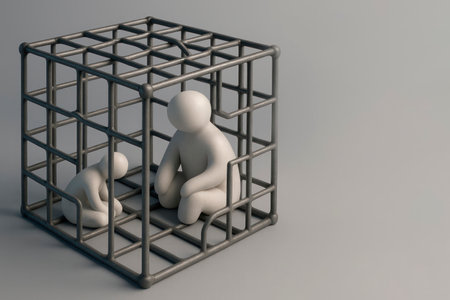 Figures of an adult and a child in a metal cage. Space for textの素材