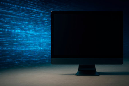 Dark monitor and digital data streams. Space for textの素材