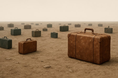 Abandoned suitcases on a lifeless fieldの素材