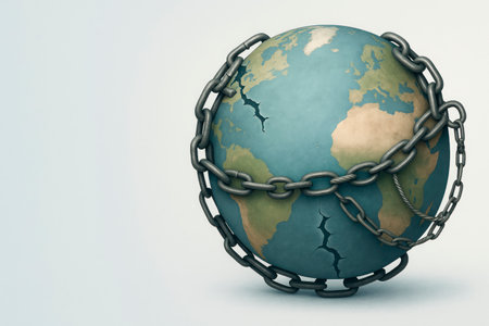 The globe in chains with cracks as a symbol of limitationsの素材