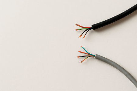 Cut electrical cables with exposed wires. Space for textの素材