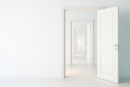 An endless corridor of open white doors. Space for textの素材