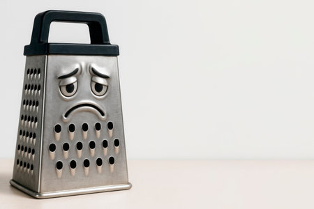 The sadness of a steel grater on his face. Space for textの素材
