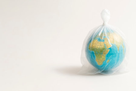 A globe in a plastic bag, a symbol of pollution. Space for textの素材