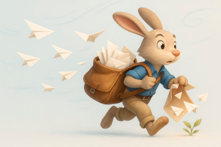Rabbit with a backpack of letters and paper airplanesの素材