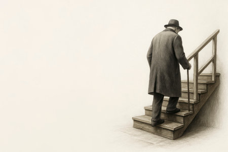 An elderly man climbs a wooden staircase with a cane. Space for textの素材