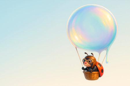 A ladybug in a helmet flies in a basket on a soap bubble. Space for textの素材
