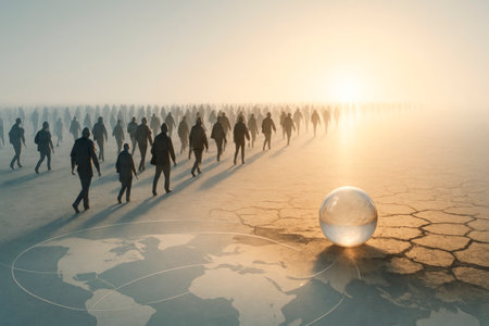 A crowd of people is moving towards the light on the world mapの素材