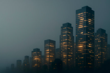 The lights of the evening city, drowning in fogの素材