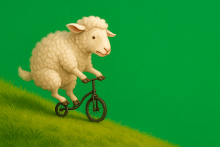 A sheep riding a bicycle without pedals down a hill. Space for textの素材