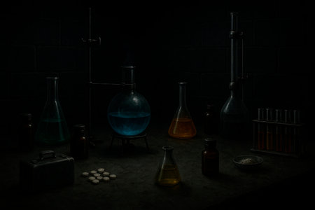 An illegal laboratory with chemicals in a dark roomの素材