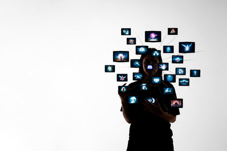 A person is surrounded by many screens with fantastic plots. Space for textの素材