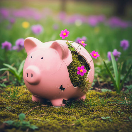 Flowers growing from a broken piggy bankの素材