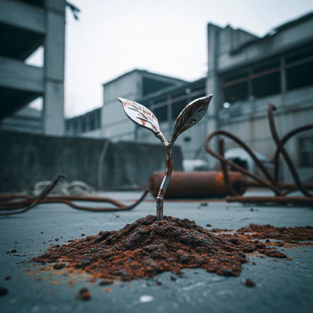 A metal sprout against the background of ruinsの素材