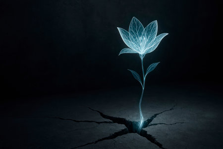 A glowing flower breaking through a crack. Space for textの素材