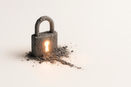 A crumbling lock with a shining keyhole. Space for textの素材