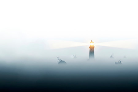 A lighthouse in a thick fog with ships around. Space for textの素材