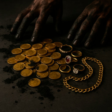 Dirty hands and gold on a black backgroundの素材