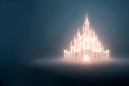 A glowing castle of lines in the fog against the background of the nightの素材