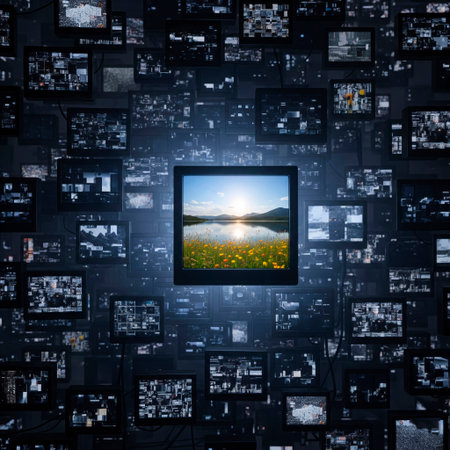 A field of colors on the screen amidst digital noiseの素材