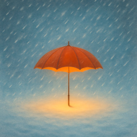 An umbrella radiating warmth in the middle of the rainの素材