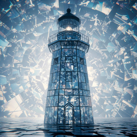 A lighthouse made of glass in a mirror worldの素材