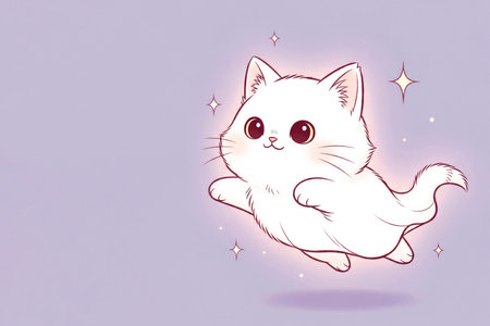 Cartoon white cat jumping on a purple background. Space for textの素材