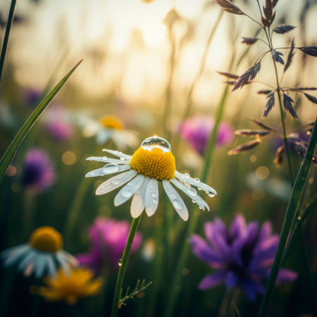 Chamomile with dew drops on petals against the background of a fieldの素材