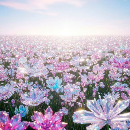 A field of sparkling glass flowers at dawnの素材