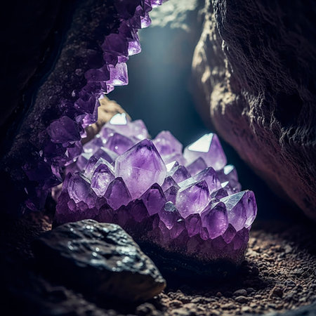 Amethyst crystals in the depths of the caveの素材