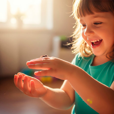 The girl happily plays with the spider on her handの素材