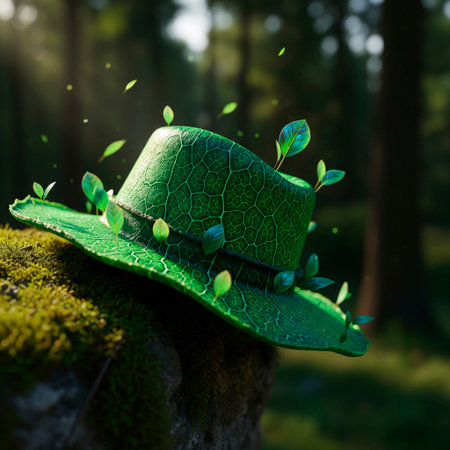 A green hat made of leaves on moss in the forestの素材