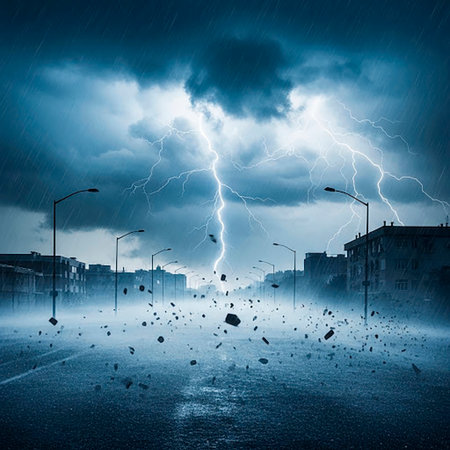 Lightning strikes an empty street during a stormの素材