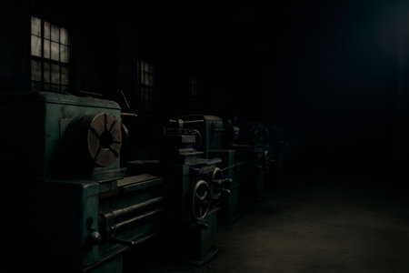Machines in a dark abandoned workshop. Space for textの素材