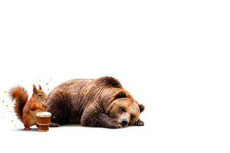 The squirrel wakes up the bear by playing the drum. Space for textの素材