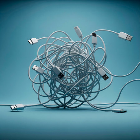A tangle of USB wires tangled in a knotの素材
