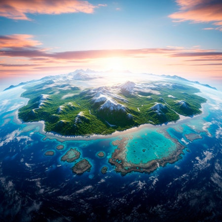 Aerial view of the island with mountains, forest and coral reefsの素材