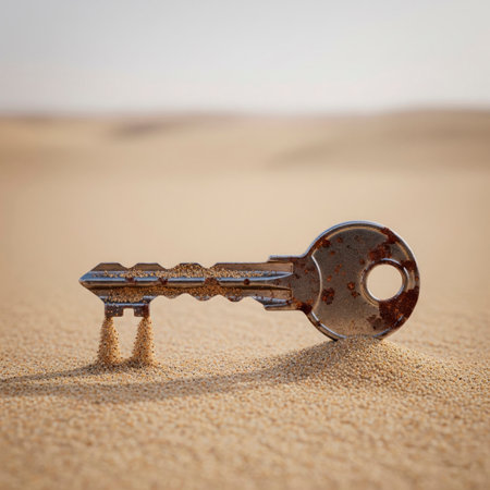 The rusty key slowly disappears into the desert sandの素材