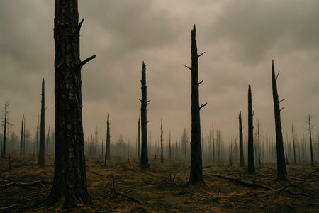 A scorched forest under a heavy gray skyの素材
