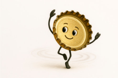 A cheerful cap character, happily dancing on a light background. Space for textの素材